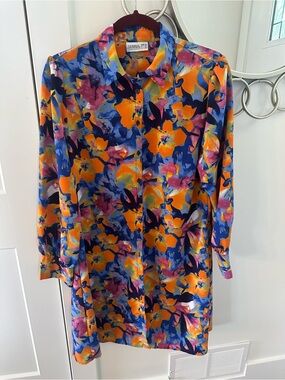 Multicolor Floral Shirt Dress - Blue & Orange
